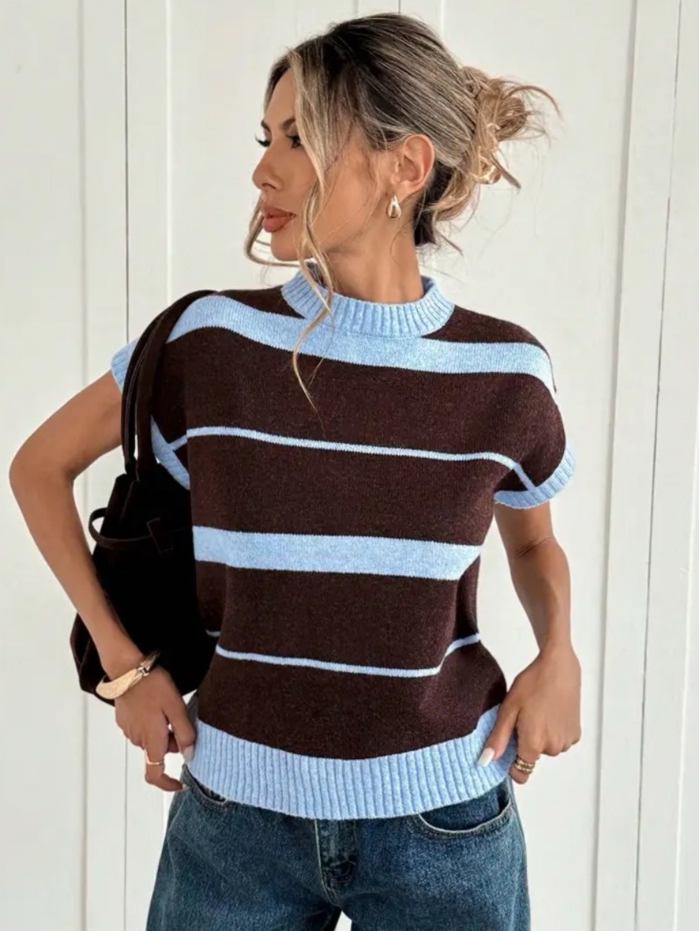 Striped Short-Sleeve Crewneck Sweater - Brown & Light Blue - Picture 2 of 7